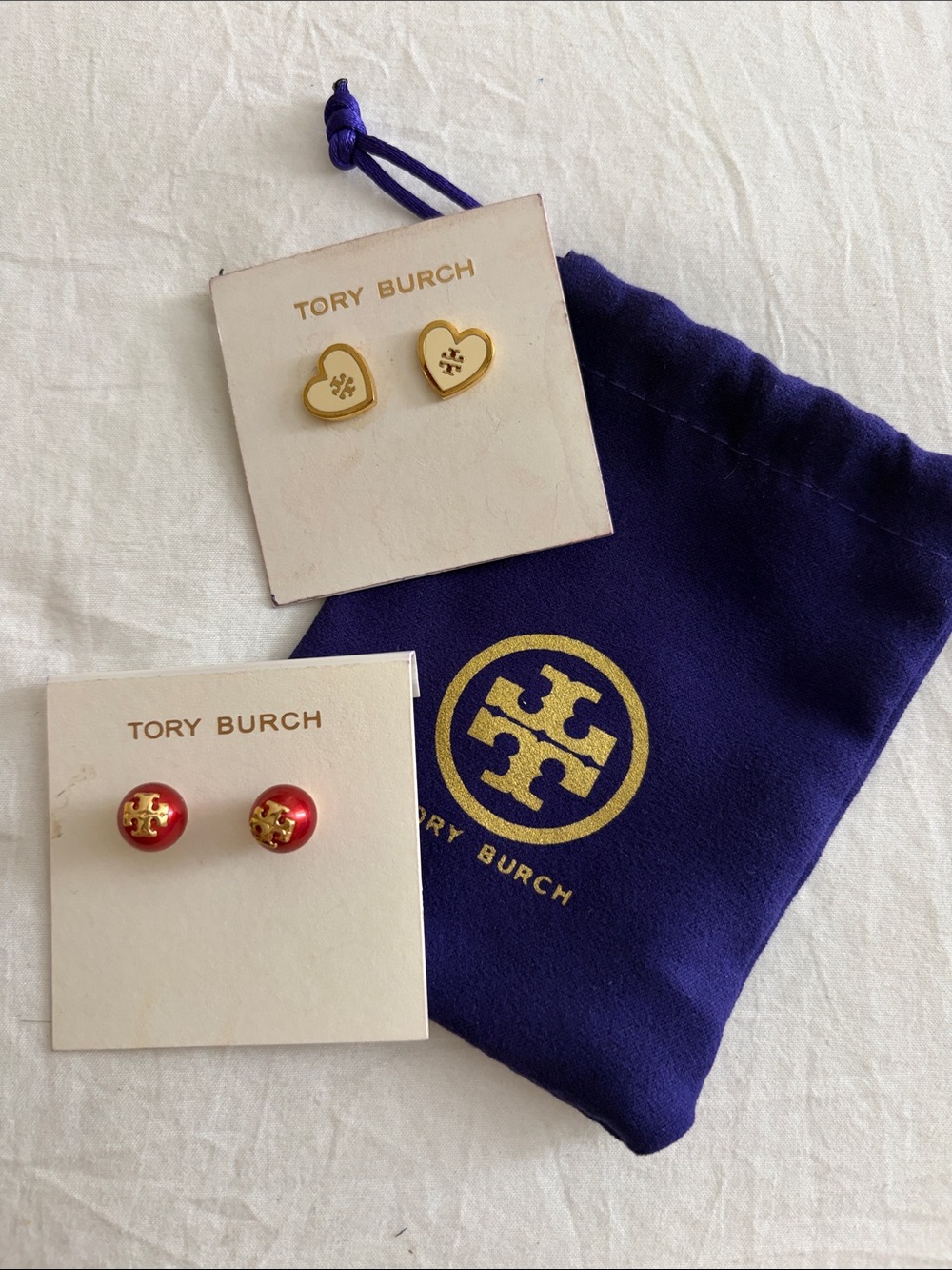 Tory Burch Kids Gold Heart and Red Logo Stud Earring Set
